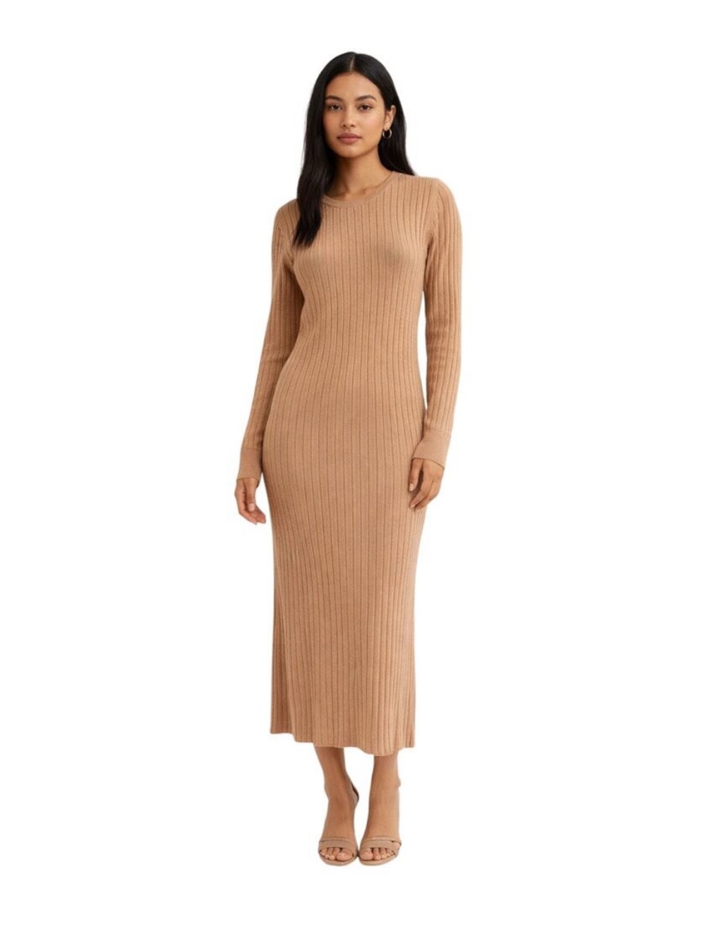 Wayf Camel Ribbed Maxi Dress with Side Slit